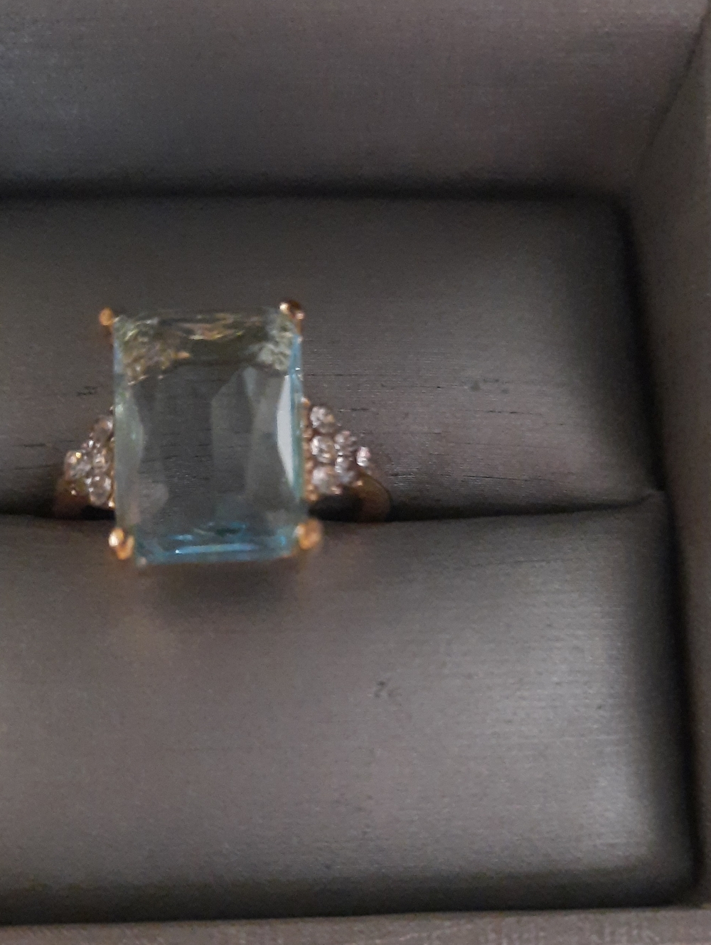 Fashsion Gold Ring with Light Blue Emerald-Cut Gemstone and Side Diamonds Size 7